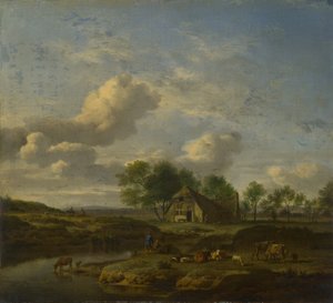 小川のほとりの農場のある風景」1661年 作： Adriaen Velde van de