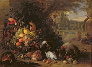 庭の静物》1700年頃（油彩・パネル） 作： Adriaen de Gryef