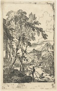 木々と犬と一緒にいる人の山岳風景 作： Adriaen van Diest