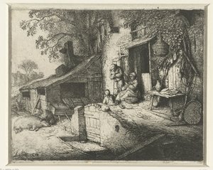 家の前で喉を鳴らす女性 玄関先でゴロゴロ鳴く女 作： Adriaen van Ostade (signed by artist)