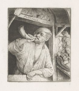 バッカーは戸口で角笛を吹く 作： Adriaen van Ostade