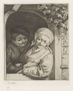 農夫と農夫の妻が戸口で愛情のあるカップルとして 作： Adriaen van Ostade