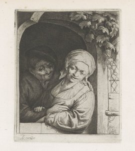 農夫と農夫の妻が戸口で愛情のあるカップルとして 作： Adriaen van Ostade