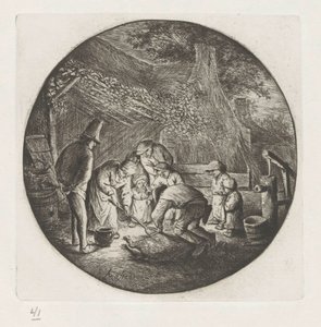 豚の屠殺場での農家の家族 作： Adriaen van Ostade