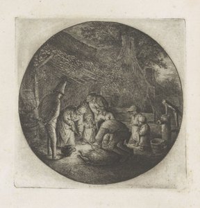 豚の屠殺場での農家の家族 作： Adriaen van Ostade