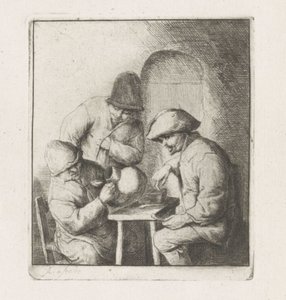 空の水差しを持つ 3 人の男性 作： Adriaen van Ostade