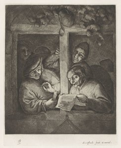 3 人の男性が、開いた窓のろうそくの明かりで一枚の紙から歌っています。 作： Adriaen van Ostade
