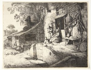 農家の前で回転する女性 作： Adriaen van Ostade
