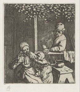 膝の上に子供を乗せ、人形に手を差し伸べる母親 作： Adriaen van Ostade