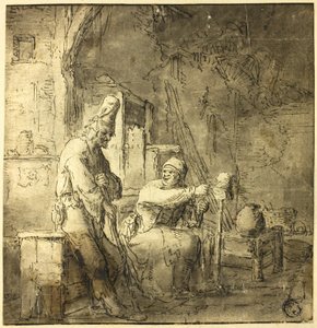 コテージの古い農民のカップル 作： Adriaen van Ostade