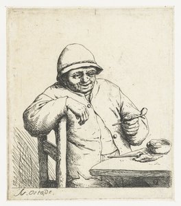 椅子の背もたれに腕を置いてタバコを吸う農夫 笑顔の喫煙者 作： Adriaen van Ostade