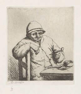 椅子の背もたれに腕を置いてタバコを吸う農夫 作： Adriaen van Ostade