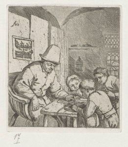 テーブルで 3 人の生徒と校長 作： Adriaen van Ostade