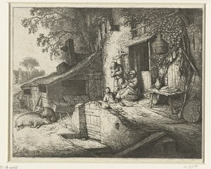 家の前で喉を鳴らす女性 スピンスター 作： Adriaen van Ostade