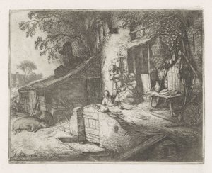 家の前で喉を鳴らす女性 作： Adriaen van Ostade