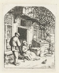 男と話している家の玄関先に座っている未成年者 家のドアのリーラー 作： Adriaen van Ostade