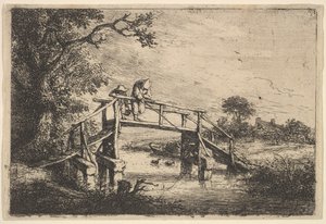 橋の上の 2 人の釣り人、1647 年。 作： Adriaen van Ostade