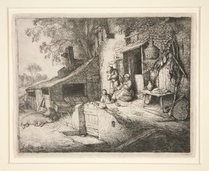 コテージのドアで回転する女性 作： Adriaen van Ostade