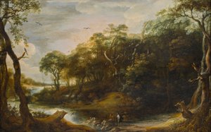 天使ラファエルと魚を切り開くトバイスのいる風景（トビト書6,1-5章） 作： アドリアーン・ファン・シュタルベムト
