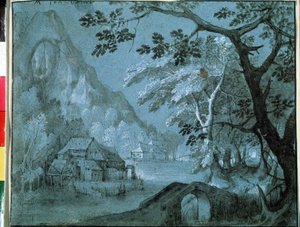 風車のある山の湖の風景（風車のある山の湖の風景）。 Adriaen Van Stalbemt (1580-1662) によるデッサン。 紙にグリザイユ