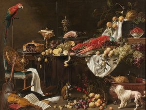 宴会静物。 1644 作： Adriaen van Utrecht
