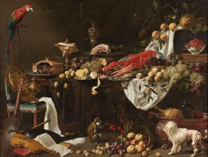 バンケット静物 オウム、犬、猿のいる静物 作： Adriaen van Utrecht