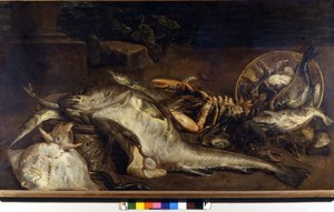 魚の静物画。Adriaen van Utrecht (1599 - 1652)の絵画。ミラノ、CRA 作： Adriaen van Utrecht
