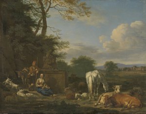 休憩中の羊飼いと動物のいるアルカディアンの風景、1664年（パネルのキャンバスに油彩） 作： Adriaen van de Velde