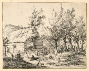 並木のポラードヤナギの後ろの農家 作： Adriaen van de Velde