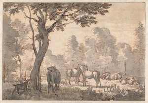 馬、牛、山羊のいる樹木豊かな風景 作： Adriaen van de Velde
