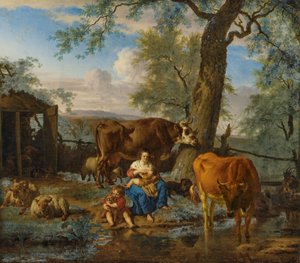 授乳中の女性と犬と遊ぶ子供と牛 作： Adriaen van de Velde