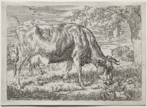 木のふもとにいる牛と 2 匹の羊 作： Adriaen van de Velde