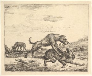 さまざまな動物の犬との戦い、1657年。 作： Adriaen van de Velde