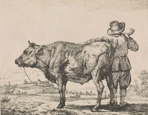 雄牛と立っている人 作： Adriaen van de Velde