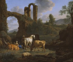 廃墟のある牧歌的な風景、1664年 作： Adriaen van de Velde