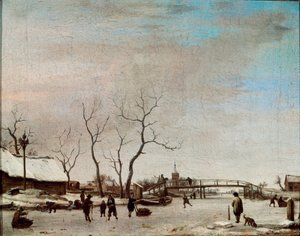 スケーターのいる川の流れ Adriaen Van de Velde le jeune (1636-1672) の絵画 1668年 薄暗い。23x30 cm パリ、ルーヴル美術館 作： Adriaen van de Velde