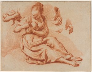 ノミを探して座っている女性 作： Adriaen van de Velde