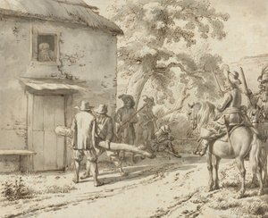 兵士がドアを押します、1669（ペン＆インク描画） 作： Adriaen van de Velde