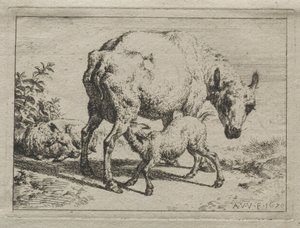 雌羊と 2 匹の子羊 作： Adriaen van de Velde