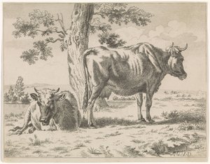 木のそばにいる 2 頭の牛 (シリーズ タイトル) 木の近くで放牧されている牛と 2 頭の羊 作： Adriaen van de Velde