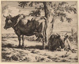木の下で 2 頭の牛 作： Adriaen van de Velde