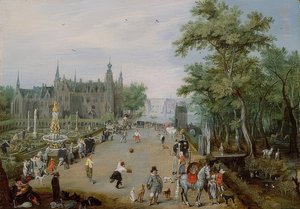 宮殿の前でのジュドポームゲーム。 1614年頃