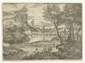 道に沿って 3 人がいる風景 木陰にいる男と二人の女 風景、シリーズ 8 (シリーズ タイトル) 作： Adriaen van der Kabel