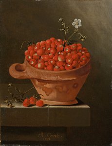 土鍋にイチゴのある静物、1704 作： Adrian Coorte