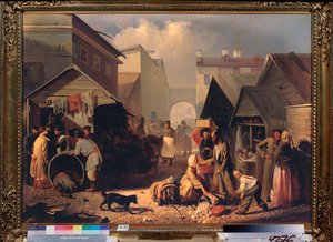 Buvette a Saint Petersburg (サンクトペテルブルクの軽食屋台) - Adrian Markovich Volkov (1827-1873) の絵画、キャンバスに油彩 作： Adrian Markovich Volkov