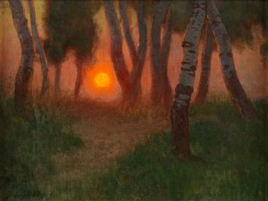樹木が茂った風景に沈む夕日（パネルに油彩） 作： Adrian Scott Stokes