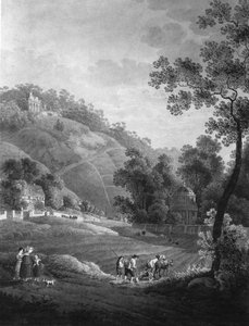 1792年頃の庭園と人工遺跡のあるピルニッツ城の方向 作： Adrian Zingg