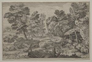 羊飼いと 2 つの群れのある風景 作： Adrian van der Cabel