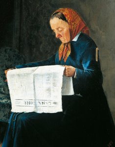 新聞を読むアドリアーノ・チェチオーニ（1836-1886）作、厚紙に油彩、31x23cm 作： Adriano Cecioni