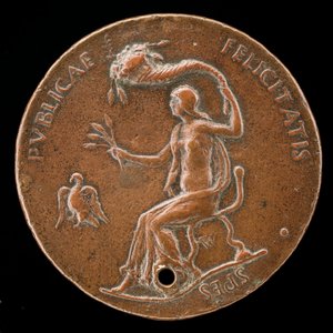 フェリシタスが着席し、トウモロコシの穂を持ち、コルヌコピアを振っている[逆]、1494年以前。 作： Adriano Fiorentino